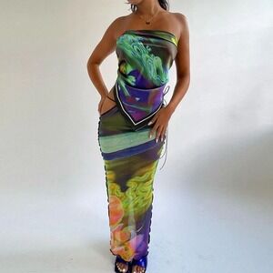 Micas Vibrant Multicolor Strapless Cut-Out Maxi 2 piece Dress Party Wear Size L